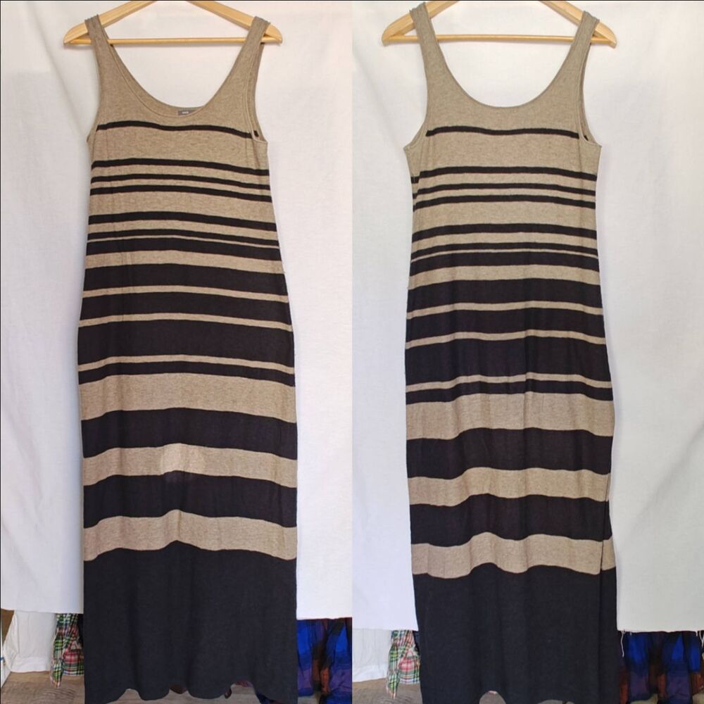 Vince Maxi Dress Sleeveless Tank Striped Tan Grey Black‎ Cotton Knit Small S